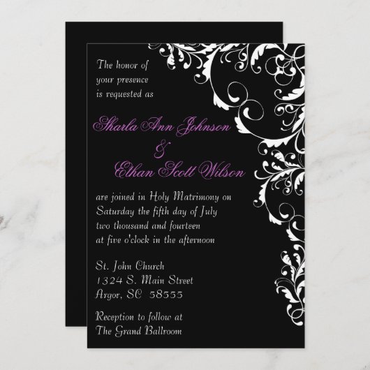 白黒のフローシュ結婚式招待状 招待状 (正面/裏面)