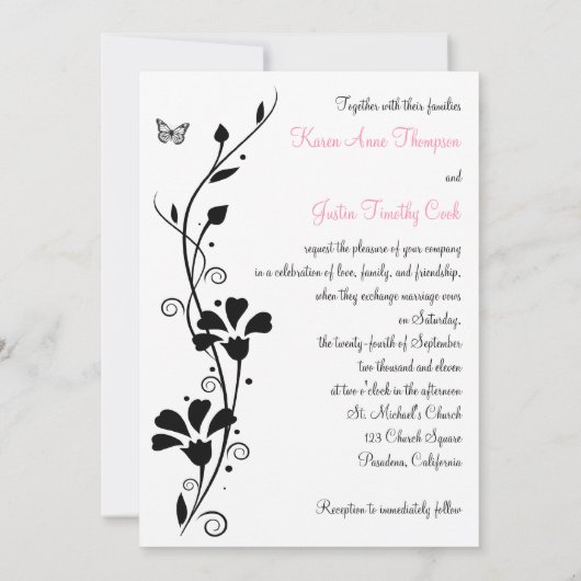 白黒のフローラと蝶がリネンに 招待状 (裏面)