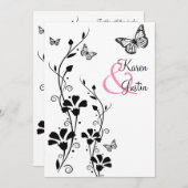白黒のフローラと蝶がリネンに 招待状 (正面/裏面)