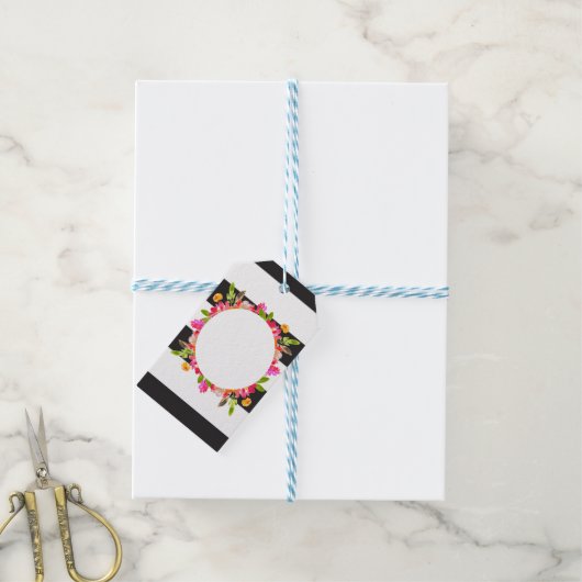 白黒のフローラストライプのギフトラベル ギフトタグ (より糸つき)