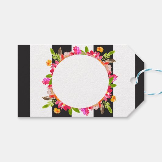 白黒のフローラストライプのギフトラベル ギフトタグ (正面(横))