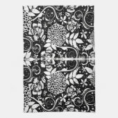 白黒のフローラフラワーティーキッチンタオル キッチンタオル (縦)