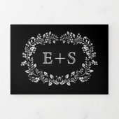 白黒のフローラフレーム(イニシャル付き) 結婚 三つ折り招待状