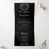 白黒のフローラフレーム(イニシャル付き) 結婚 三つ折り招待状 (内部)