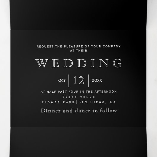 白黒のフローラフレーム(イニシャル付き) 結婚 三つ折り招待状