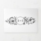 白黒のフローラフレーム(イニシャル付き) 結婚 三つ折り招待状 (カバー)