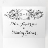 白黒のフローラフレーム(イニシャル付き) 結婚 三つ折り招待状 (内部最初)