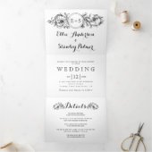 白黒のフローラフレーム(イニシャル付き) 結婚 三つ折り招待状 (内部)