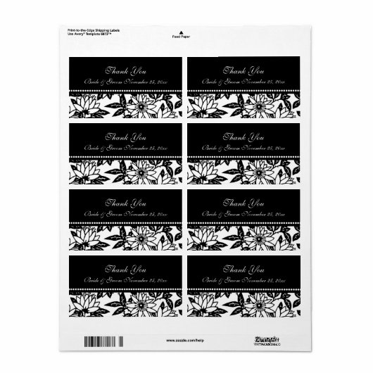 白黒のフローラ結婚式のラベル ラベル (フルシート)