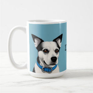 白黒のブルーカラー付き犬 コーヒーマグカップ