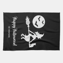 白黒のブロムのハッピーハローウィンの魔女 キッチンタオル