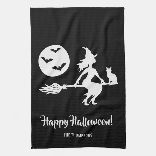 白黒のブロムのハッピーハローウィンの魔女 キッチンタオル (縦)