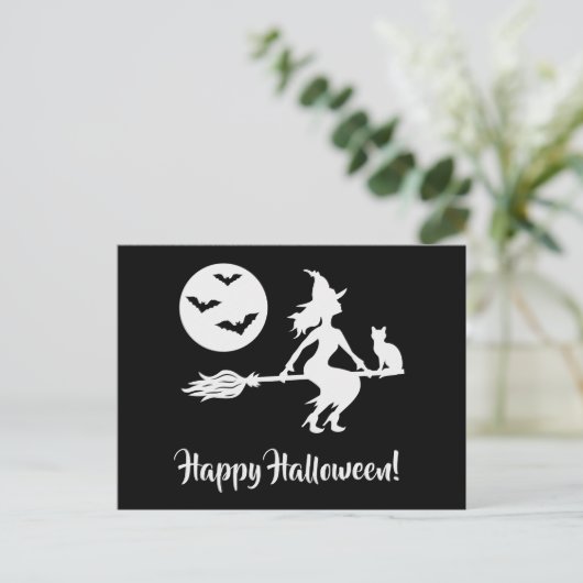 白黒のブロムのハッピーハローウィンの魔女 ポストカード (スタンド正面)