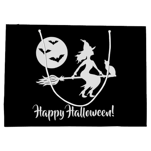 白黒のブロムのハッピーハローウィンの魔女 ラージペーパーバッグ (裏面)