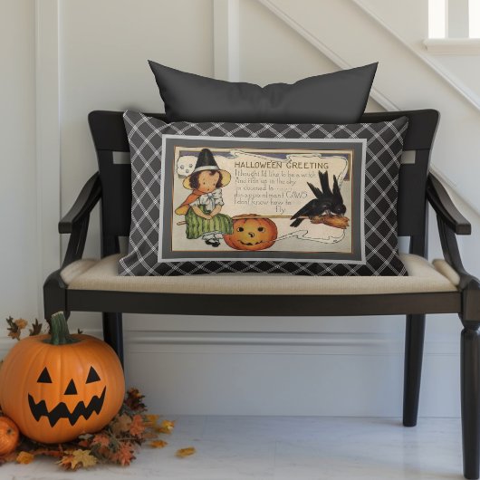 白黒のプレイドヴィンテージハロウィーンの挨拶 ランバークッション