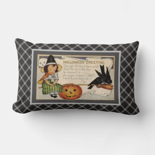 白黒のプレイドヴィンテージハロウィーンの挨拶 ランバークッション (正面)