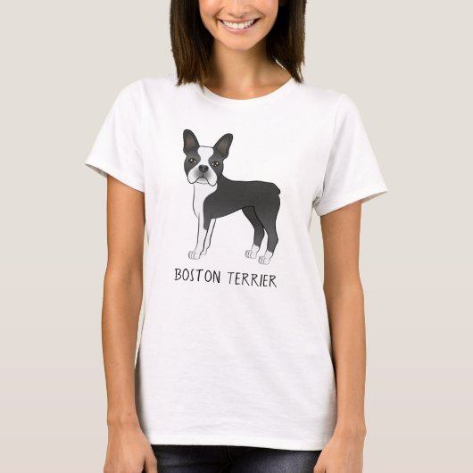 白黒のボストンテリア犬とテキスト Tシャツ (正面)