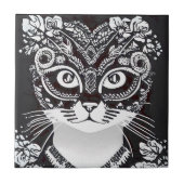 白黒のマルディグラスマスクの猫 タイル (正面)