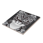 白黒のマルディグラスマスクの猫 タイル (側面)