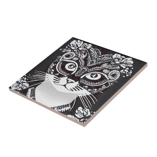 白黒のマルディグラスマスクの猫 タイル (側面)