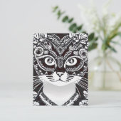 白黒のマルディグラスマスクの猫 ポストカード (スタンド正面)