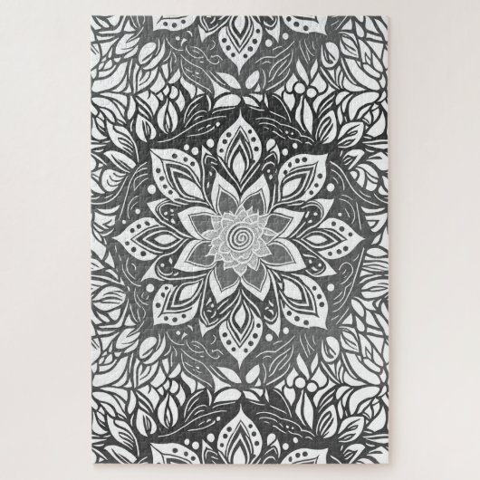 白黒のマンダラフラワー ジグソーパズル (縦)
