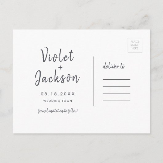 白黒のミニマリストのスクリプトで日付を保存 案内ポストカード (裏面)