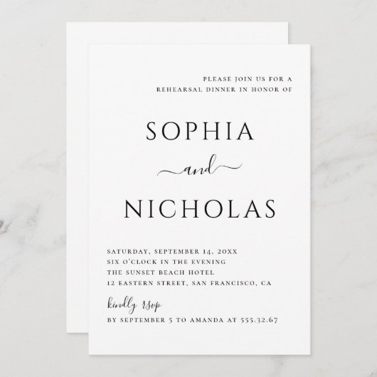 白黒のミニマルシンプルリハーサルディナー 招待状 (正面/裏面)