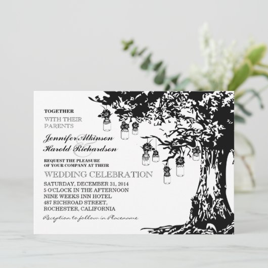 白黒のメイソン·ジャーズ·ツリー·結婚式招待状 招待状 (スタンド正面)