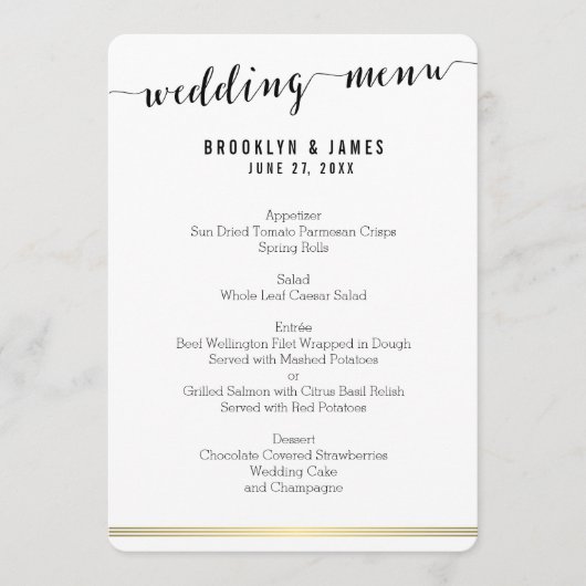 白黒のメニュ結婚ーカード金ゴールド線の丸め メニュー (正面)