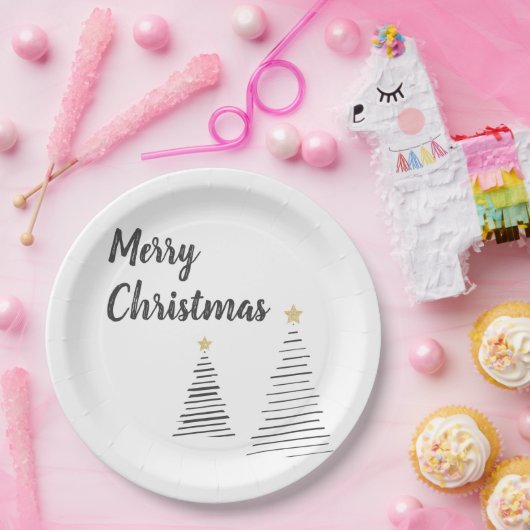 白黒のメリーエレガントクリスマスの木 ペーパープレート (パーティー)