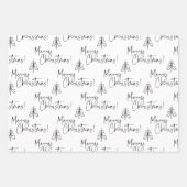 白黒のメリークリスマスツリーのラッピング紙 ラッピングペーパーシート (正面)