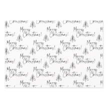 白黒のメリークリスマスツリーのラッピング紙