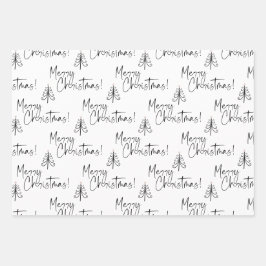 白黒のメリークリスマスツリーのラッピング紙 ラッピングペーパーシート