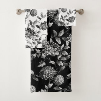白黒のモダンなヴィンテージ植物の花のToile バスタオルセット