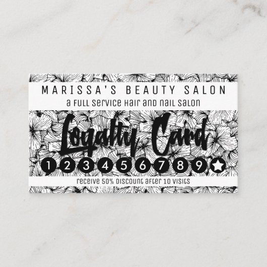 白黒のモダンな手描きの花のロイヤリティ ロイヤリティカード (正面)
