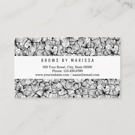 白黒のモダンな手描きの花の眉毛 名刺 (裏面)