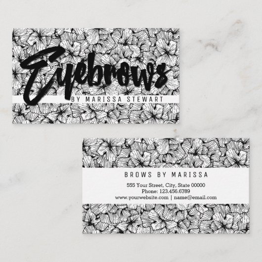 白黒のモダンな手描きの花の眉毛 名刺 (正面/裏面)