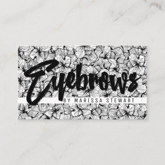 白黒のモダンな手描きの花の眉毛 名刺 (正面)