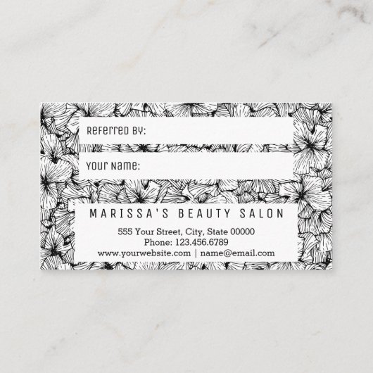 白黒のモダンな手描きの花の紹介 紹介カード (裏面)