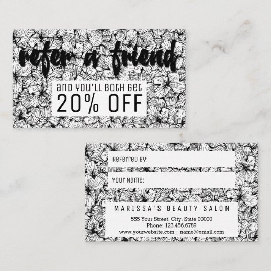 白黒のモダンな手描きの花の紹介 紹介カード (正面/裏面)