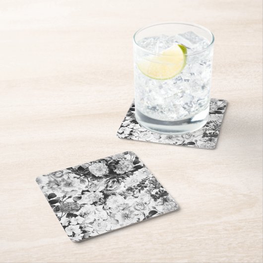 白黒のモダンな水彩画の国の花柄 スクエアペーパーコースター (インサイチュ)