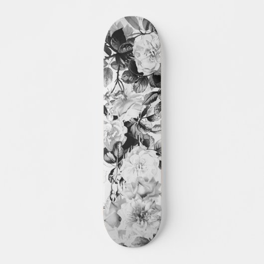 白黒のモダンな水彩画の国の花柄 スケートボード (正面)
