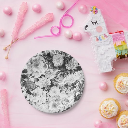 白黒のモダンな水彩画の国の花柄 ペーパープレート (パーティー)