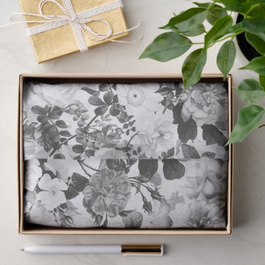 白黒のモダンな水彩画の国の花柄 薄葉紙 (ギフト)