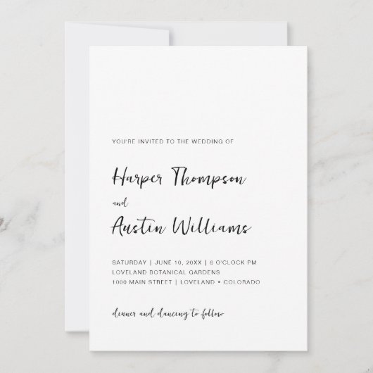 白黒のモダンシンプルスクリプ結婚ト 招待状 (正面)