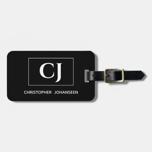 白黒のモダンシンプル基本モノグラムの ラゲッジタグ (正面横)
