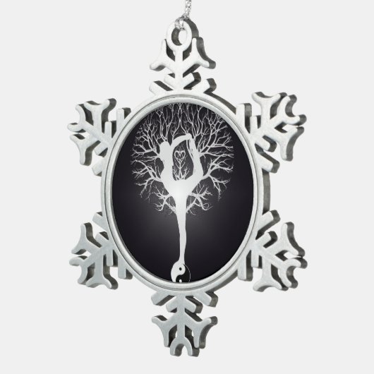 白黒のヨガの木 スノーフレークピューターオーナメント (右)