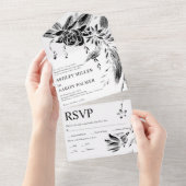 白黒のラインアートの結婚花 オールインワン招待状 (貼ってはがせる)