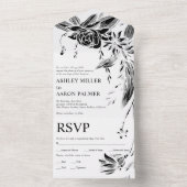 白黒のラインアートの結婚花 オールインワン招待状 (内側)